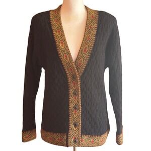 Herman Geist Vintage Worsted Wool Cardigan Jacquad Trim Dark AcademiaMedium